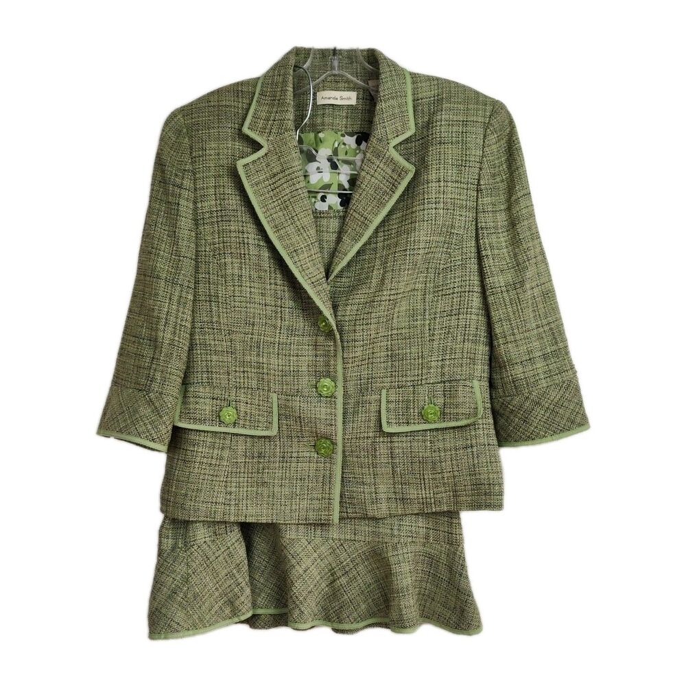 Amanda Smith 100% Silk Skirt Suit Women's‎ 10 Green Single-Breasted 3/4-Sleeve